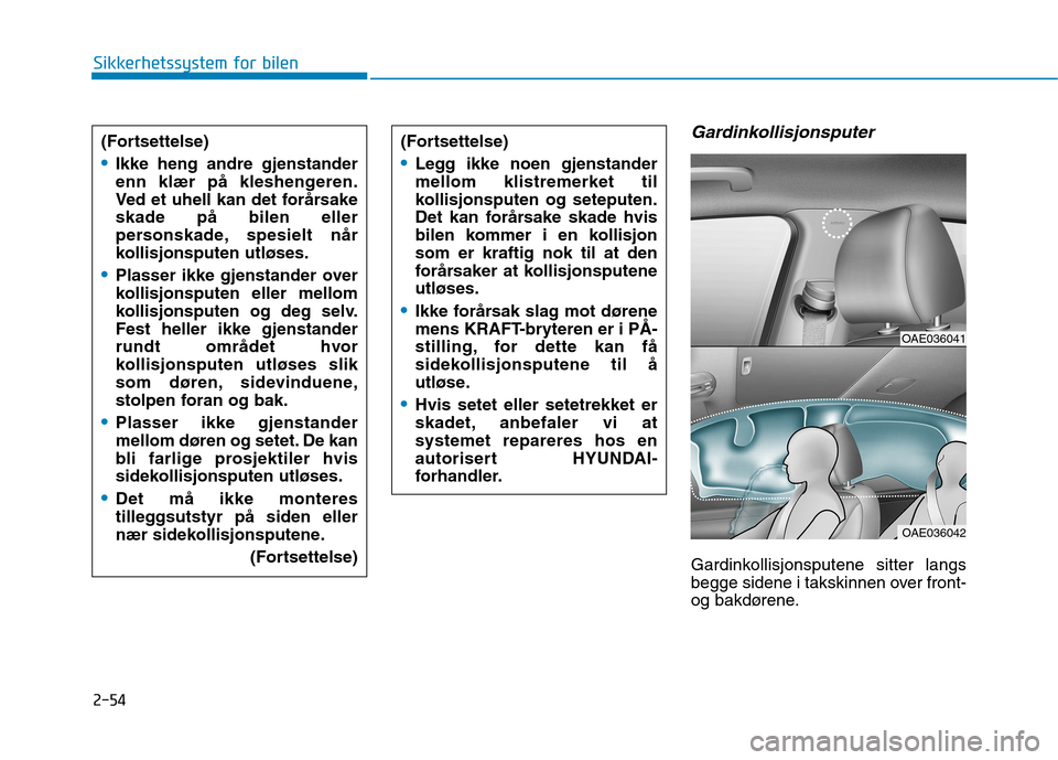 Hyundai Ioniq Electric 2017  Brukerhåndbok (in Norwegian) 2-54
Sikkerhetssystem for bilen
Gardinkollisjonsputer 
Gardinkollisjonsputene sitter langs 
begge sidene i takskinnen over front-
og bakdørene.
OAE036041
OAE036042
(Fortsettelse)
Legg ikke noen gjens