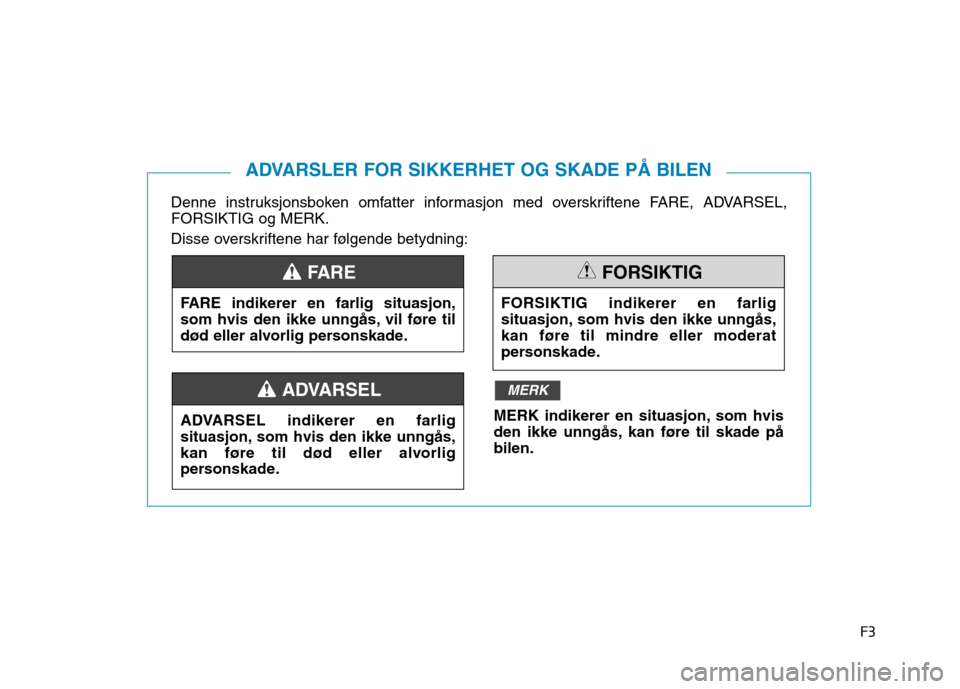 Hyundai Ioniq Electric 2017  Brukerhåndbok (in Norwegian) F3
Denne instruksjonsboken omfatter informasjon med overskriftene FARE, ADVARSEL, FORSIKTIG og MERK. 
Disse overskriftene har følgende betydning:
ADVARSLER FOR SIKKERHET OG SKADE PÅ BILEN
FARE indik