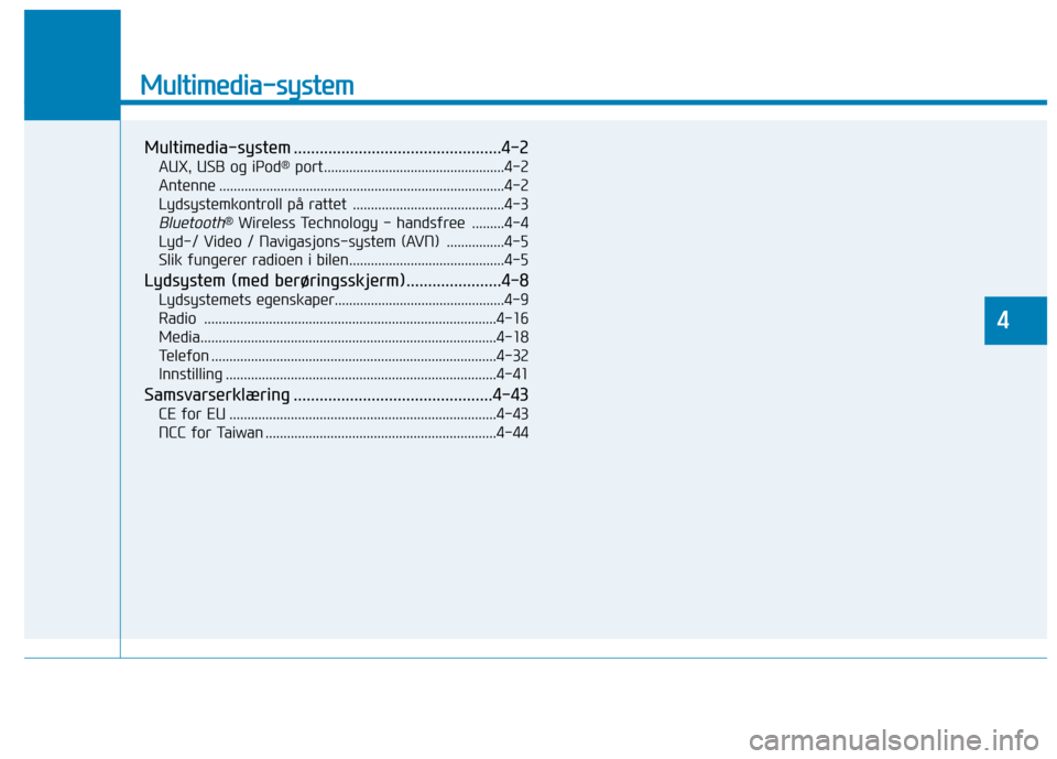 Hyundai Ioniq Electric 2017  Brukerhåndbok (in Norwegian) Multimedia-system
Multimedia-system ................................................4-2AUX, USB og iPod ®
port..................................................4-2
Antenne ...........................