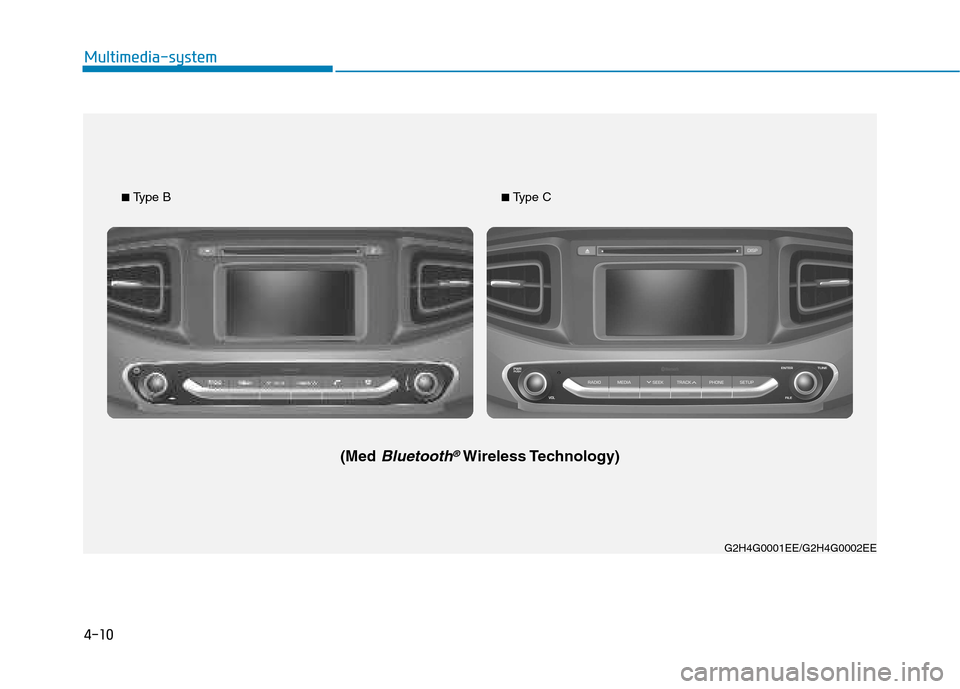 Hyundai Ioniq Electric 2017  Brukerhåndbok (in Norwegian) 4-10
Multimedia-system
G2H4G0001EE/G2H4G0002EE
■ 
Type B
(Med 
Bluetooth®Wireless Technology)
■ Type C   