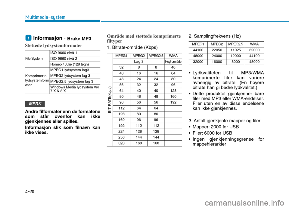 Hyundai Ioniq Electric 2017  Brukerhåndbok (in Norwegian) 4-20
Multimedia-system
Informasjon- Bruke MP3
Støttede lydsystemformater
Andre filformater enn de formatene 
som står ovenfor kan ikkegjenkjennes eller spilles. 
Informasjon slik som filnavn kan ikk