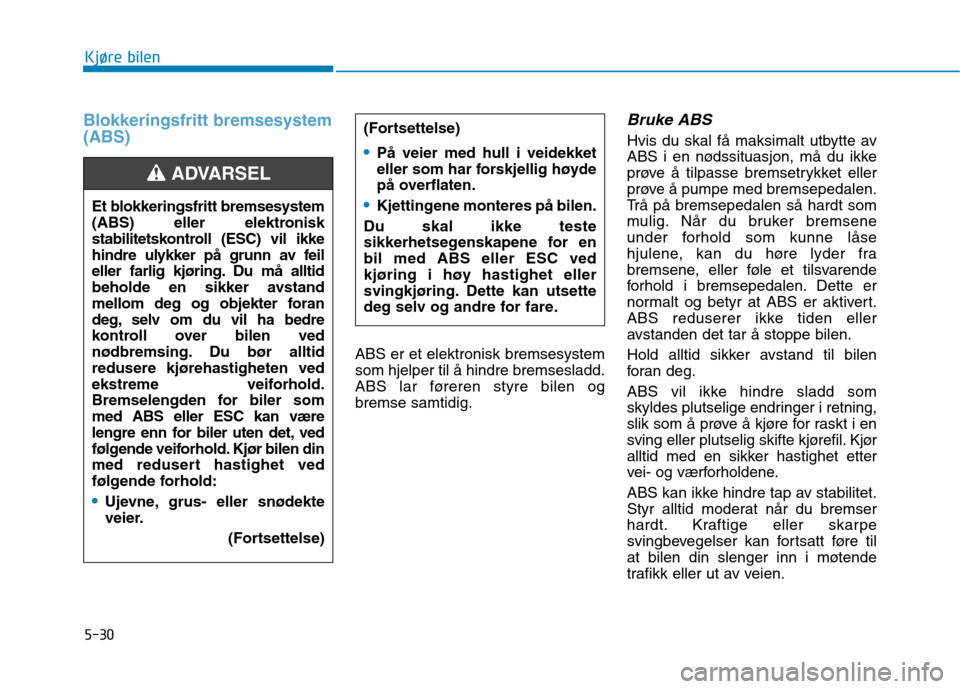 Hyundai Ioniq Electric 2017  Brukerhåndbok (in Norwegian) 5-30
Kjøre bilen
Blokkeringsfritt bremsesystem (ABS)
ABS er et elektronisk bremsesystem som hjelper til å hindre bremsesladd.
ABS lar føreren styre bilen ogbremse samtidig.
Bruke ABS
Hvis du skal f