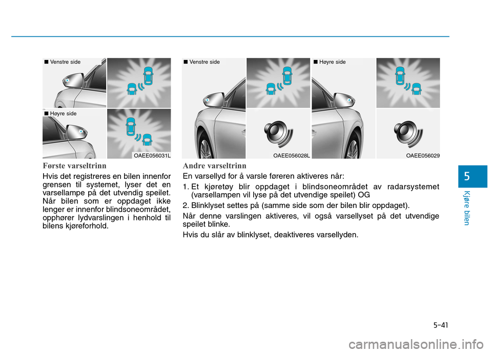 Hyundai Ioniq Electric 2017 Brukerhåndbok (in Norwegian) 5-41
Kjøre bilen
5
Første varseltrinn
Hvis det registreres en bilen innenfor
grensen til systemet, lyser det en
varsellampe på det utvendig speilet.
Når bilen som er oppdaget ikke
lenger er innen Hyundai Ioniq Electric 2017 Brukerhåndbok (in Norwegian) 5-41
Kjøre bilen
5
Første varseltrinn
Hvis det registreres en bilen innenfor
grensen til systemet, lyser det en
varsellampe på det utvendig speilet.
Når bilen som er oppdaget ikke
lenger er innen