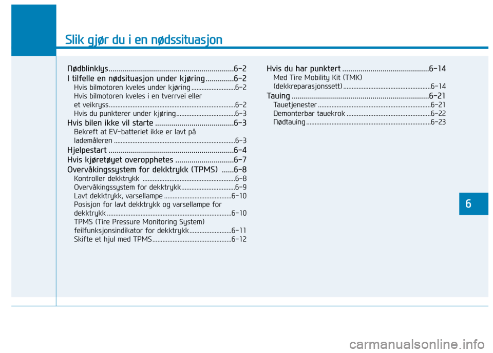Hyundai Ioniq Electric 2017 Brukerhåndbok (in Norwegian) Slik gjør du i en nødssituasjon
Nødblinklys ..............................................................6-2
I tilfelle en nødsituasjon under kjøring ..............6-2Hvis bilmotoren kveles und Hyundai Ioniq Electric 2017 Brukerhåndbok (in Norwegian) Slik gjør du i en nødssituasjon
Nødblinklys ..............................................................6-2
I tilfelle en nødsituasjon under kjøring ..............6-2Hvis bilmotoren kveles und