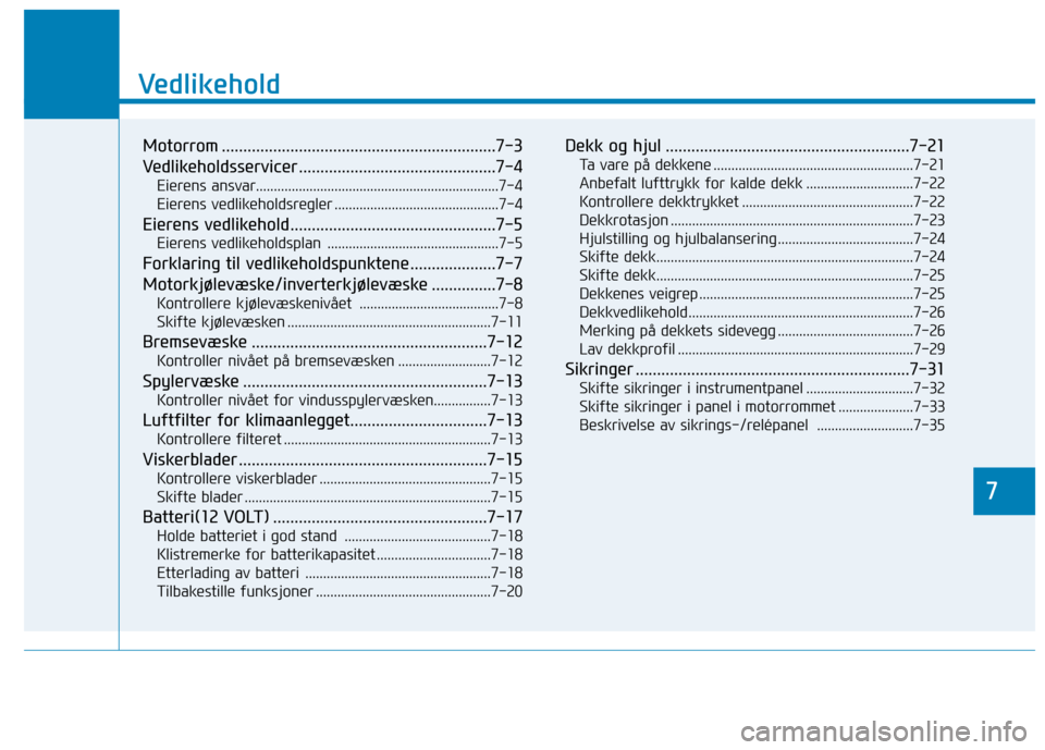 Hyundai Ioniq Electric 2017 Brukerhåndbok (in Norwegian) 7
Vedlikehold
7
Vedlikehold
Motorrom ................................................................7-3
Vedlikeholdsservicer ..............................................7-4Eierens ansvar.......... Hyundai Ioniq Electric 2017 Brukerhåndbok (in Norwegian) 7
Vedlikehold
7
Vedlikehold
Motorrom ................................................................7-3
Vedlikeholdsservicer ..............................................7-4Eierens ansvar..........