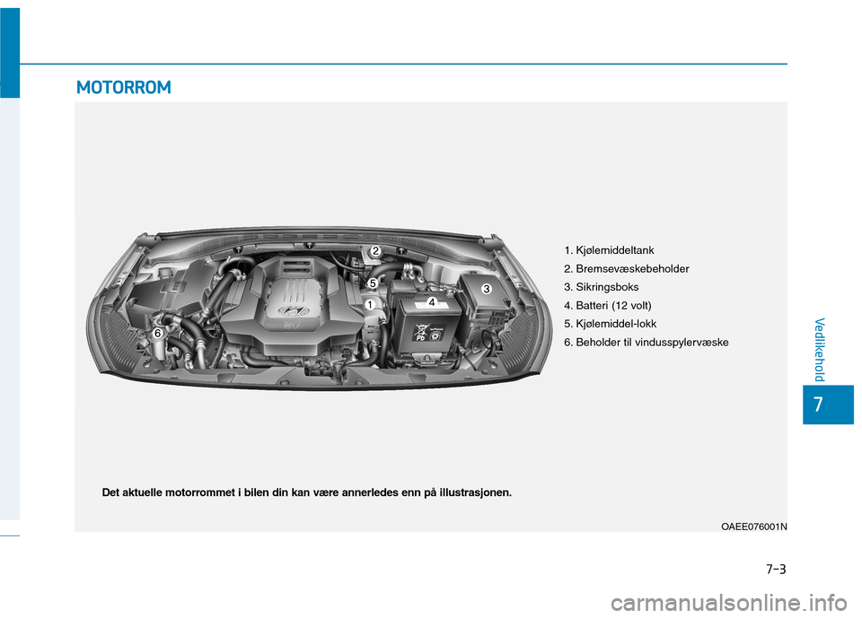 Hyundai Ioniq Electric 2017 Brukerhåndbok (in Norwegian) 7-3
7
Vedlikehold
MMOOTTOO RRRROO MM
1. Kjølemiddeltank
2. Bremsevæskebeholder
3. Sikringsboks
4. Batteri (12 volt)
5. Kjølemiddel-lokk
6. Beholder til vindusspylervæske
OAEE076001N
Det aktuelle Hyundai Ioniq Electric 2017 Brukerhåndbok (in Norwegian) 7-3
7
Vedlikehold
MMOOTTOO RRRROO MM
1. Kjølemiddeltank
2. Bremsevæskebeholder
3. Sikringsboks
4. Batteri (12 volt)
5. Kjølemiddel-lokk
6. Beholder til vindusspylervæske
OAEE076001N
Det aktuelle