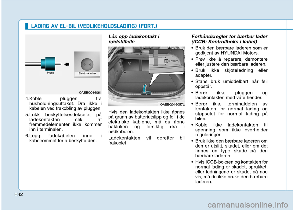 Hyundai Ioniq Electric 2017  Brukerhåndbok (in Norwegian) H42
4.Koble pluggen frahusholdningsuttaket. Dra ikke i 
kabelen ved frakobling av pluggen.
5.Lukk beskyttelsesdekselet på ladekontakten slik at
fremmedelementer ikke kommer
inn i terminalen.
6.Legg l