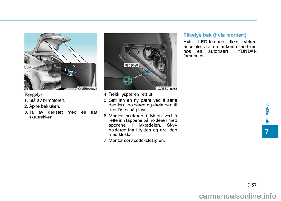 Hyundai Ioniq Electric 2017  Brukerhåndbok (in Norwegian) 7-57
7
Vedlikehold
Ryggelys
1. Slå av bilmotoren. 
2. Åpne bakluken.
3. Ta av dekslet med en flatskrutrekker. 4. Trekk lyspæren rett ut.
5. Sett inn en ny pære ved å sette
den inn i holderen og d