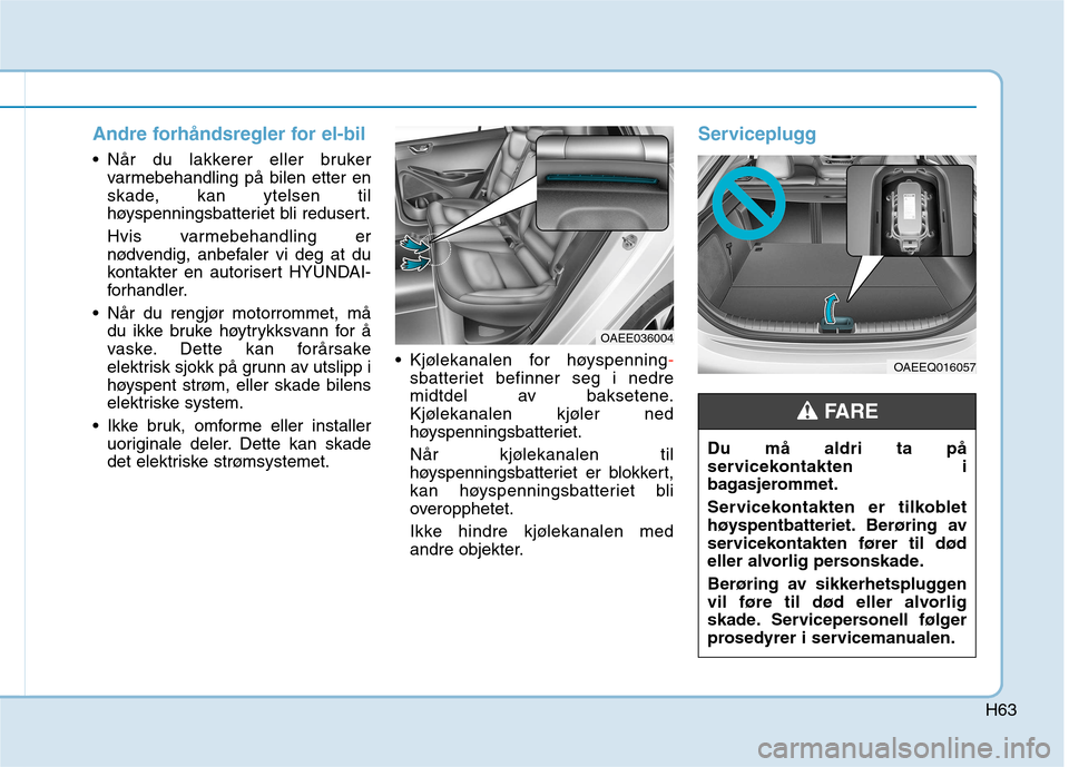 Hyundai Ioniq Electric 2017  Brukerhåndbok (in Norwegian) H63
Andre forhåndsregler for el-bil
 Når du lakkerer eller brukervarmebehandling på bilen etter en 
skade, kan ytelsen til
høyspenningsbatteriet bli redusert. 
Hvis varmebehandling er 
nødvendig,