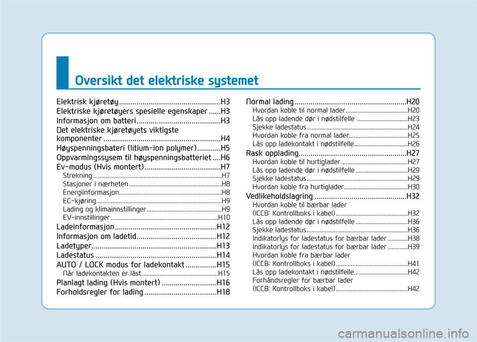 Hyundai Ioniq Electric 2017  Brukerhåndbok (in Norwegian) OOvvee rrss iikk tt  dd eett  ee llee kk ttrr iiss kk ee  ss yy ssttee mm eett
Elektrisk kjøretøy ....................................................H3 
Elektriske kjøretøyers spesielle egenskape