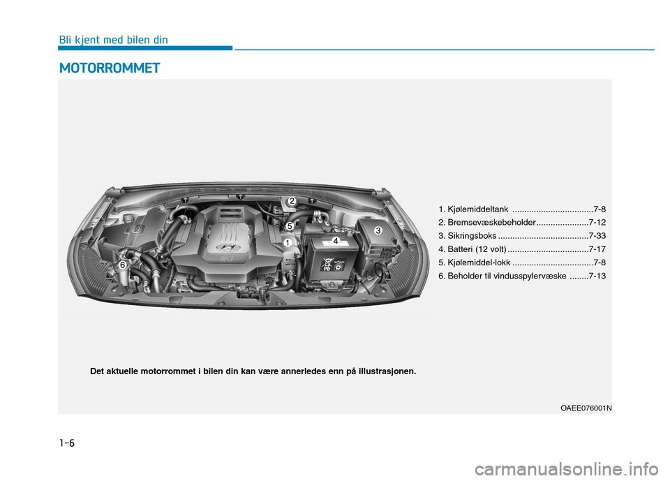 Hyundai Ioniq Electric 2017 Brukerhåndbok (in Norwegian) 1-6
Bli kjent med bilen dinM
M OOTTOO RRRR OO MM MMEETT
OAEE076001N
1. Kjølemiddeltank ..................................7-8
2. Bremsevæskebeholder ......................7-12
3. Sikringsboks ...... Hyundai Ioniq Electric 2017 Brukerhåndbok (in Norwegian) 1-6
Bli kjent med bilen dinM
M OOTTOO RRRR OO MM MMEETT
OAEE076001N
1. Kjølemiddeltank ..................................7-8
2. Bremsevæskebeholder ......................7-12
3. Sikringsboks ......