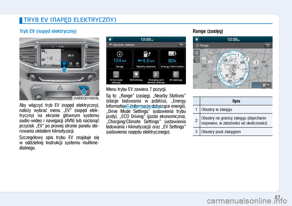 Hyundai Ioniq Electric 2017  Instrukcja Obsługi (in Polish) Tryb EV (nap�d elektryczny)
Aby  \b��czy�  tryb  EV  (nap�d  elektryczny), 
nale�y  \bybra�  menu  „EV”  (nap�d  elek\f
tryczny)  na  ekranie  g�ó\bnym  systemu 
audio\f\bideo  i  na\bigacji  (AV