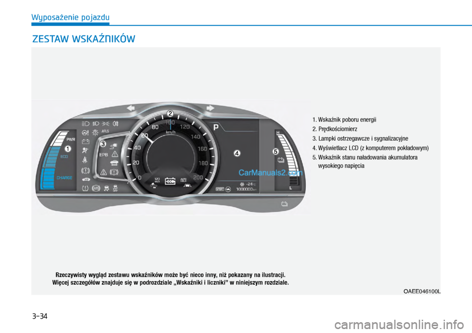 Hyundai Ioniq Electric 2017  Instrukcja Obsługi (in Polish) 3-34
Wyposa�enie pojazdu
OAEE046100L
ZESTAW WSKA�NIKÓW
��	�:�V�N�D7�Q�L�N	p�R�E�R�U�X	�H�Q�H�U�J�L�L
2. Pr�dko�ciomierz
3. Lam\bki ostrzegawcze i�sygnalizacyjne
��	�:y�Z�L�H�W�O�D�F�]	�/�&�	�