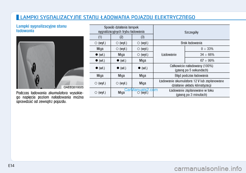 Hyundai Ioniq Electric 2017  Instrukcja Obsługi (in Polish) Lampki sy\fnalizacyjne stanu 
�adowania
Podczas  �ado\bania  akumulatora  \bysokie\f
go  napi�cia  poziom  na�ado\bania  mo�na 
spra\bdza� od�ze\bn�trz pojazdu. 
LAMPKI SYGNALIZACYJNE STANU �ADOWANIA 