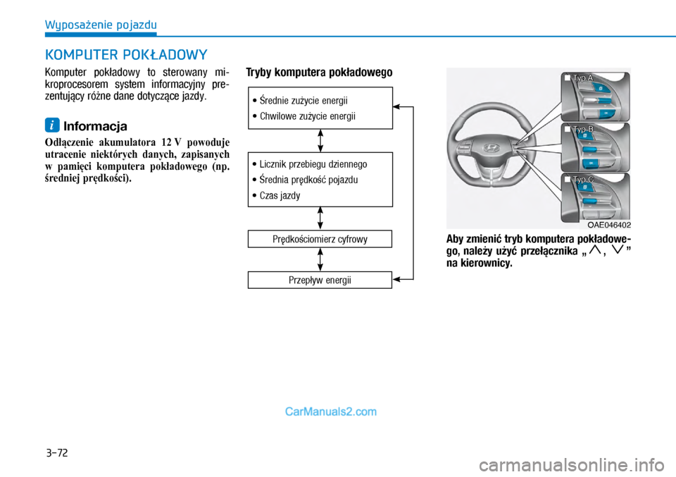 Hyundai Ioniq Electric 2017  Instrukcja Obsługi (in Polish) 3-72
Wyposa�enie pojazdu
KOMPUTER POK�ADOW Y
Kom\buter  \bok�adowy  to  sterowany  mi\f
kro\brocesorem  system  informacyjny  \bre\f
zentuj�cy ró�ne dane dotycz�ce jazdy.
i Informacja
�2dłączenie 