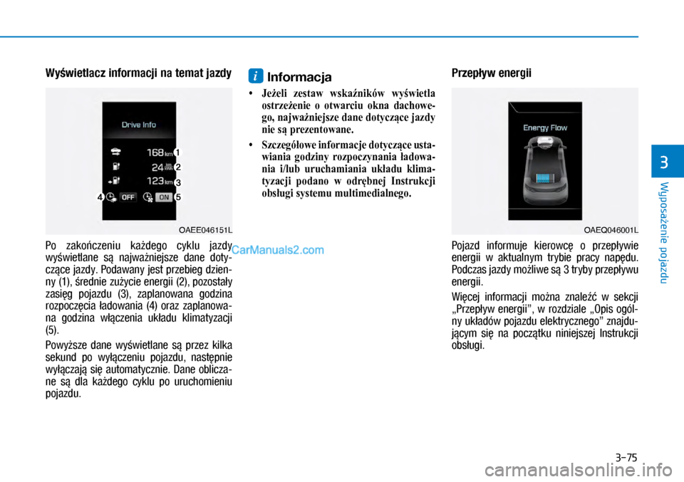 Hyundai Ioniq Electric 2017  Instrukcja Obsługi (in Polish) 3-75
Wyposa�enie pojazdu
3
Wy�wietlacz informacji na temat jazdy
Po  zako�czeniu  ka�dego  cyklu  jazdy 
wy�wietlane  s�  najwa�niejsze  dane  doty\f
cz�ce jazdy. Podawany jest \brzebieg dzien\f
ny (1