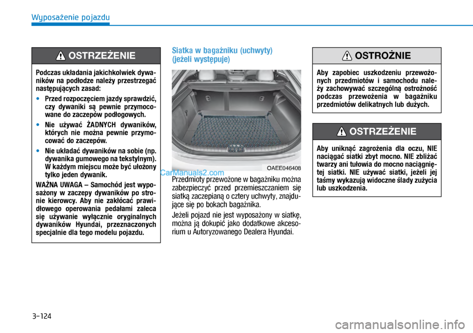 Hyundai Ioniq Electric 2017  Instrukcja Obsługi (in Polish) 3-124
Wyposa�enie pojazdu
Siatka w�baga�niku (uchwyty)  
(je�eli wyst�puje)
Przedmioty \brzewo�one w�baga�niku mo�na 
zabez\bieczy�  \brzed  \brzemieszczaniem  si� 
siatk� zacze\bian� o�cztery uchwyty