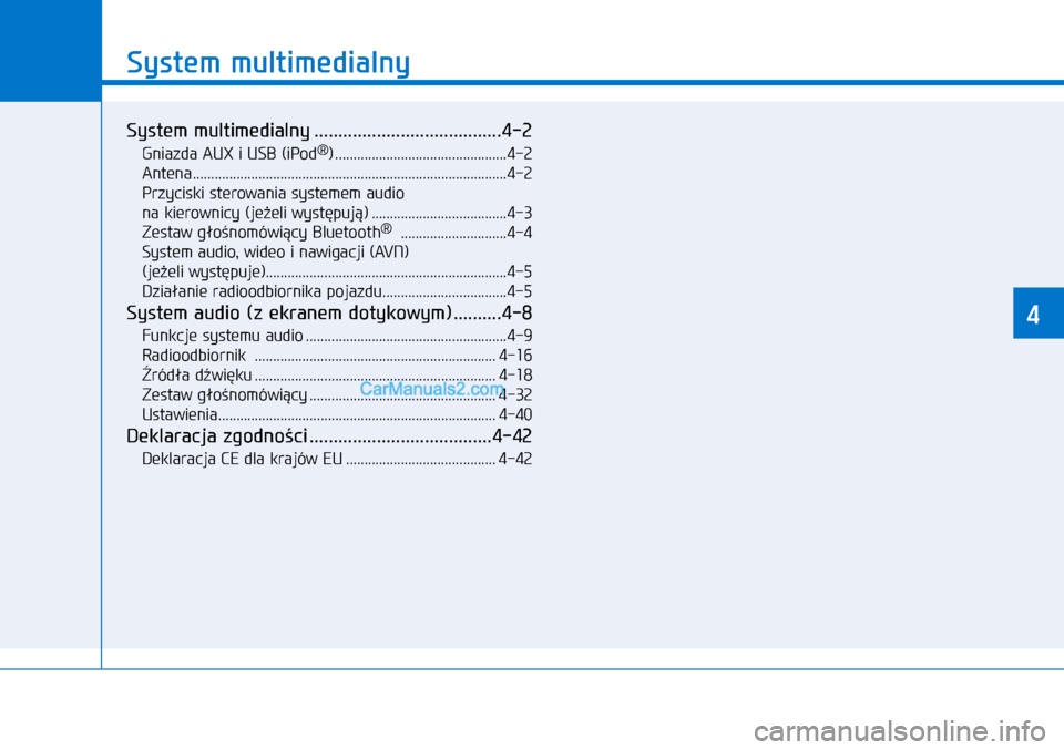 Hyundai Ioniq Electric 2017  Instrukcja Obsługi (in Polish) System multimedialny
4
System multimedialny .......................................4-2
Gniazda AUX i USB (iPod®) ...............................................4-2
Antena  ...........................