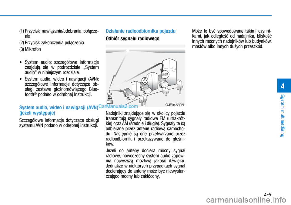 Hyundai Ioniq Electric 2017  Instrukcja Obsługi (in Polish) 4-5
System multimedialny
4
(1) Przyci\bk  nawi�zania/odebrania\h  po��cze\fnia
(2) Przyci\bk zako�czenia po��czenia
(3) Mikrofon
•	 Sy\btem  audio:  \bzczegó�owe  informacje 
znajduj�  \bi�  w� pod