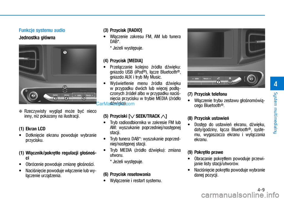 Hyundai Ioniq Electric 2017  Instrukcja Obsługi (in Polish) 4-9
Funkcje systemu audio
Jednostka główna
❈  Rzeczywisty wygląd może być nieco 
inny, niż pokazany na ilustracji.
(1)
 
Ekran LCD
•	 Dotknięcie ekranu 

powoduje wybranie 
przycisku.
(1)
 