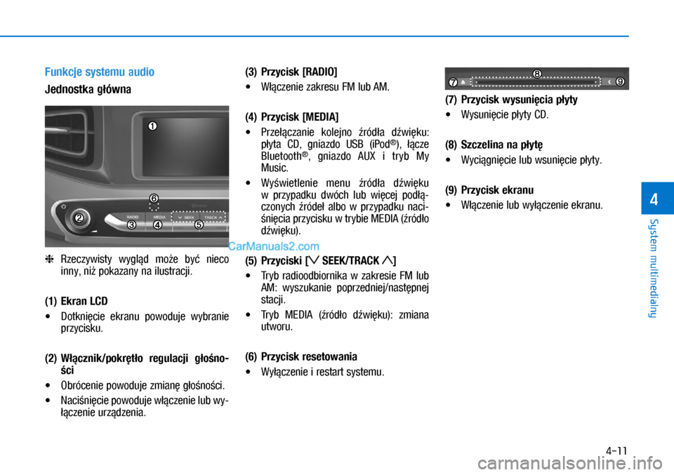 Hyundai Ioniq Electric 2017  Instrukcja Obsługi (in Polish) 4-11
System multimedialny
4
Funk\fje systemu audio
Jednostka g�ówna
�K  Rzeczywi\bty  wygl�d  mo�e  by�  nieco 
inny, ni� pokazany na ilu\btracji.
(1)  Ekran LCD
•	 Dotkni�cie  ekranu  powoduje  wy