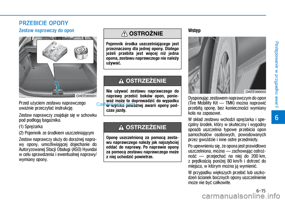 Hyundai Ioniq Electric 2017  Instrukcja Obsługi (in Polish) 6-15
Post�powanie w przypadku awarii
6
Zestaw nap\fawczy do opon
Przed u�yciem zestawu naprawczego 
uwa�nie przeczyta� instru\fcj�.
Zestaw  naprawczy  znajduje  si�  w� schow\fu 
pod pod�og� baga�ni\f