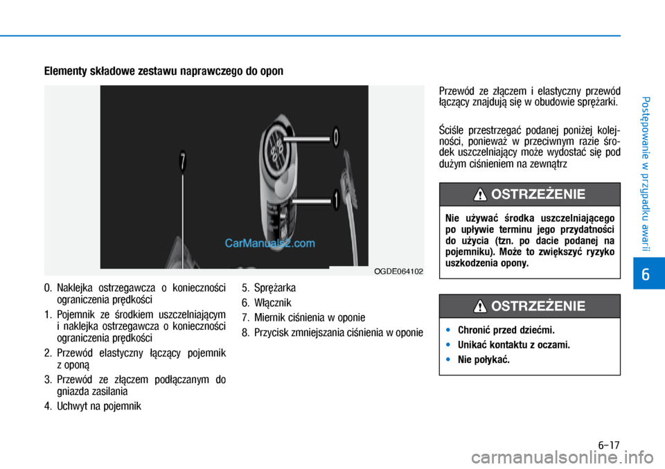 Hyundai Ioniq Electric 2017  Instrukcja Obsługi (in Polish) 6-17
Post�powanie w przypadku awarii
6
0.   Na\flej\fa  ostrzegawcza  o� \fonieczno�ci 
ograniczenia pr�d\fo�ci
1.    Pojemni\f  ze  �rod\fiem  uszczelniaj�cym 
i� na\flej\fa  ostrzegawcza  o� \foniec