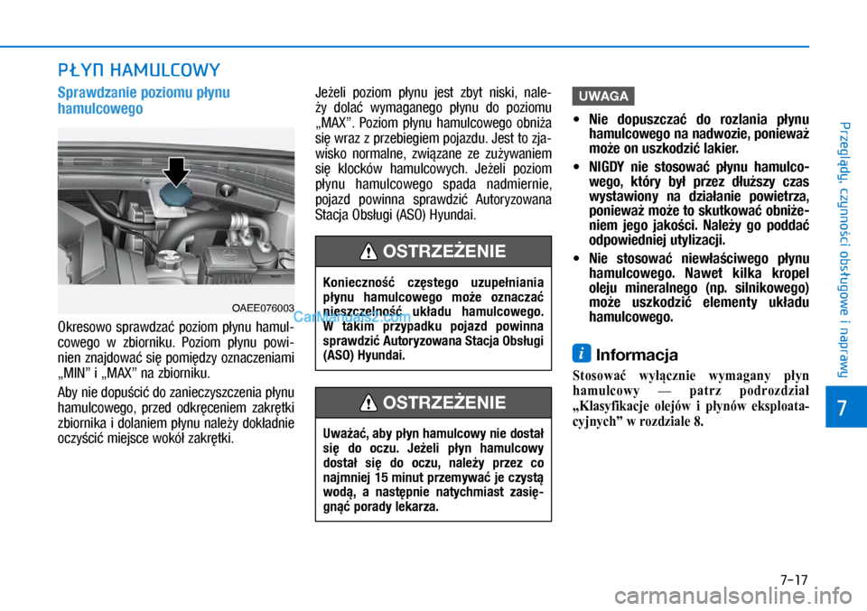 Hyundai Ioniq Electric 2017  Instrukcja Obsługi (in Polish) 7-17
7
Przegl�dy, czynno�ci obs�ugowe i naprawy
P�YN HAMULCOWY
Sprawdzanie pozio\bu p�ynu 
ha\bulcowego
Okresowo  sprawdza�  poziom  p�ynu  \famul-
cowe\bo  w� zbiorniku.  Poziom  p�ynu  powi-
nien zn