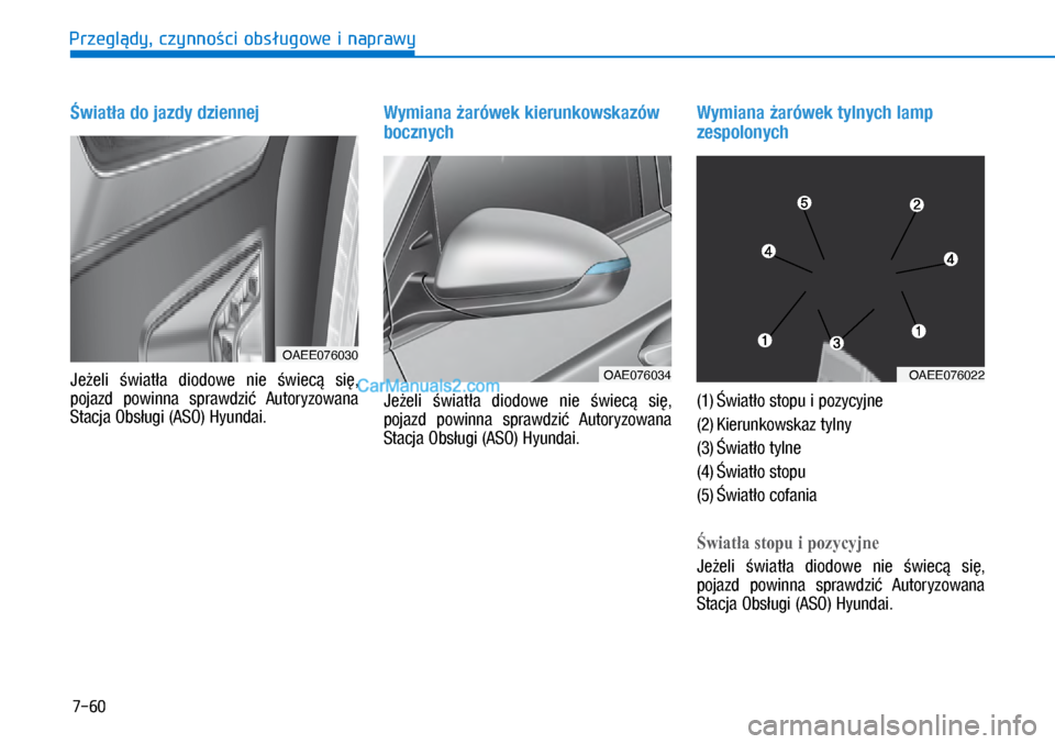Hyundai Ioniq Electric 2017  Instrukcja Obsługi (in Polish) 7-60
Przegl�dy, czynno�ci obs�ugowe i naprawy
�wiat�a do jazdy dziennej
Je�eli  �wiat�a  diodowe  nie  �wiec�  si�, 
pojazd  powinna  sprawdzi�  Autoryzowana 
Stacja Obs�u\bi (ASO) Hyundai.
Wy\biana �