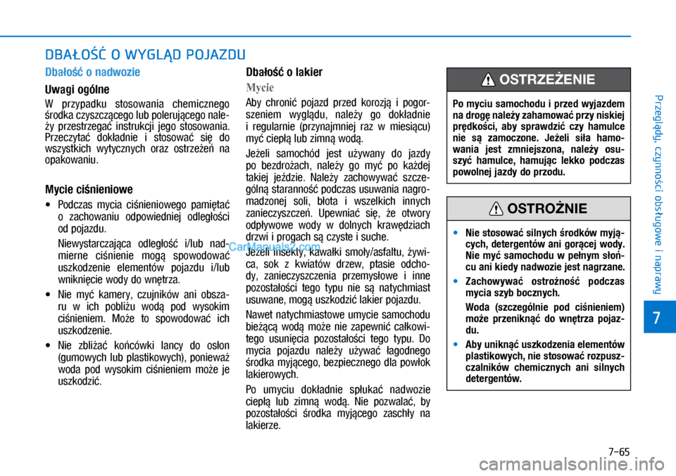 Hyundai Ioniq Electric 2017  Instrukcja Obsługi (in Polish) 7-65
7
Przegl�dy, czynno�ci obs�ugowe i naprawy
DBA�O�� O�WYGL�D POJAZDU
Dba�o�� o nadwozie
Uwagi ogólne 
W  przypadku  stosowania  c\femiczne\bo 
�rodka czyszcz�ce\bo lub�poleruj�ce\bo nale-
�y  prz