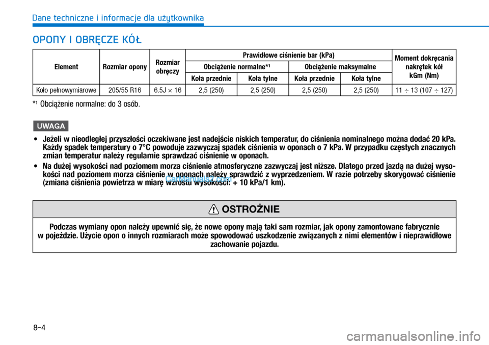 Hyundai Ioniq Electric 2017  Instrukcja Obsługi (in Polish) 8-4
Dane techniczne i informacje dla u�ytkownika
OPONY I�OBR�CZE KÓ�
Element Rozmiar opony Rozmiar 
obr�czy Prawid�owe ci�nienie bar \bkPa)
Moment dokr�cania 
nakr�tek kó�  kGm \bNm)
Obci��enie norm