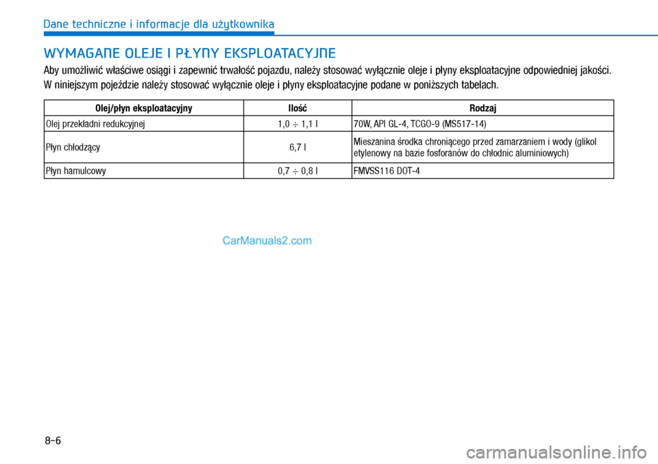 Hyundai Ioniq Electric 2017  Instrukcja Obsługi (in Polish) 8-6
Dane techniczne i informacje dla u�ytkownika
WYMAGANE OLEJE I� P�YNY EKSPLOATACYJNE
Aby umo�liwi\b w�a�ciwe osi�gi i zapewni\b trwa�o�\b pojazdu, nale�y stosowa\b wy��cznie oleje i p�yny eksploata