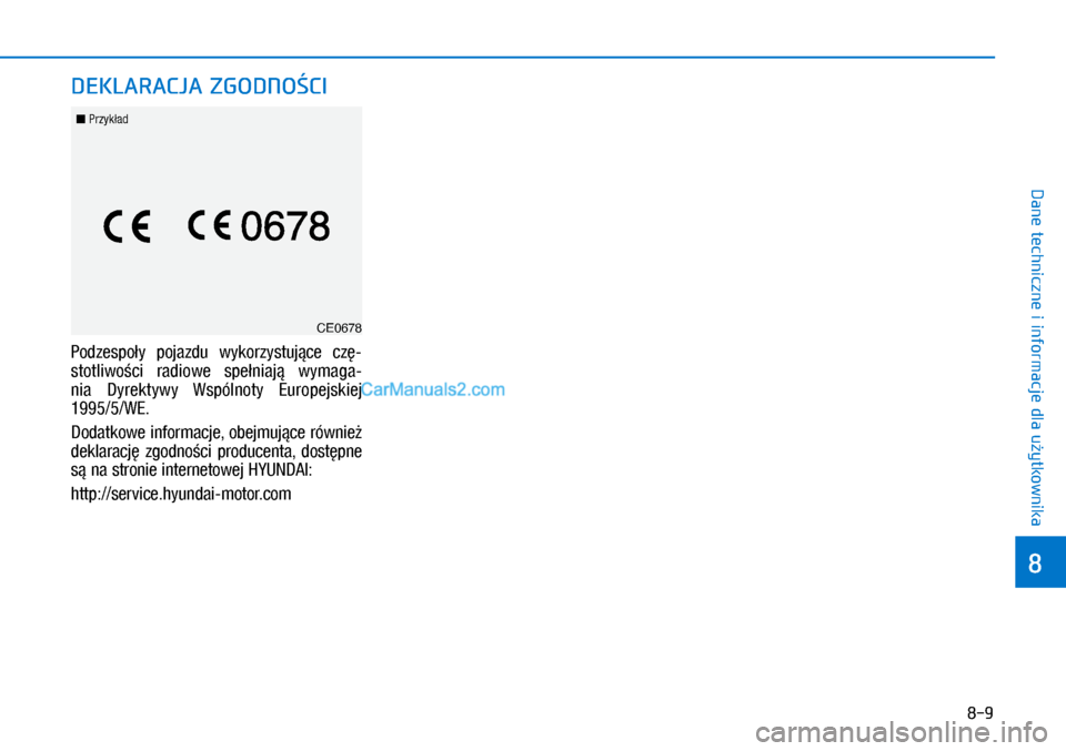 Hyundai Ioniq Electric 2017  Instrukcja Obsługi (in Polish) 8-9
8
Dane techniczne i informacje dla u�ytkownika
Podzespo�y  pojazdu  wykorzystuj�ce  cz�-
stotliwo�ci  radiowe  spe�niaj�  wymaga-
nia  Dyrektywy  Wspólnoty  Europejskiej   
1995/5/WE.
Dodatkowe i