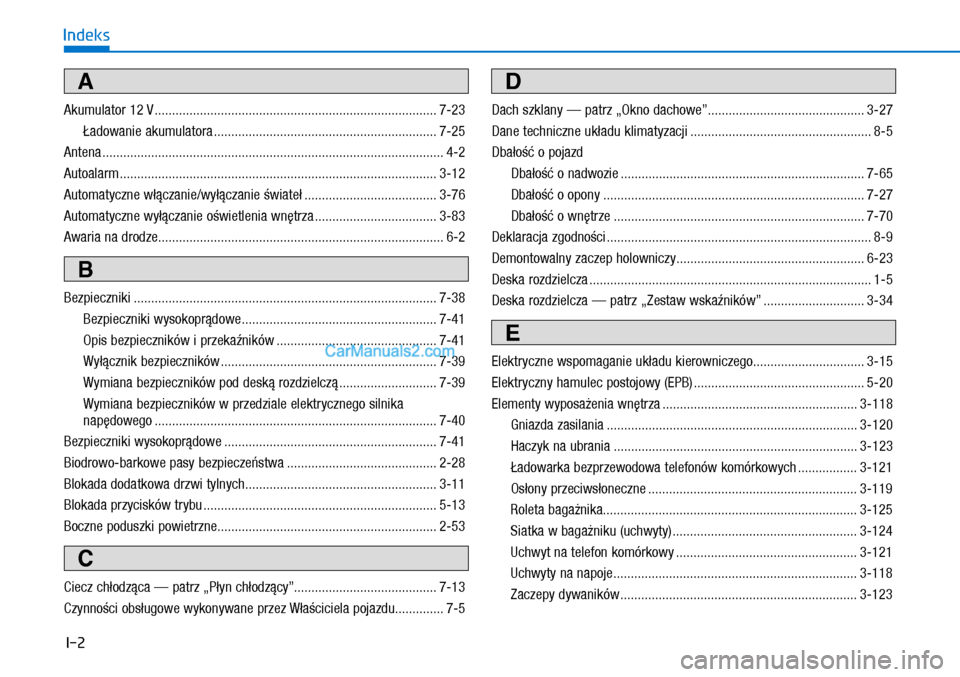 Hyundai Ioniq Electric 2017  Instrukcja Obsługi (in Polish) I-2
Indeks
A
Akumulator 12�V ..................\�..................\�..................\�.......................\�.... 7-23
  �a\fowani\b akumulatora ..................\�..................\�..........