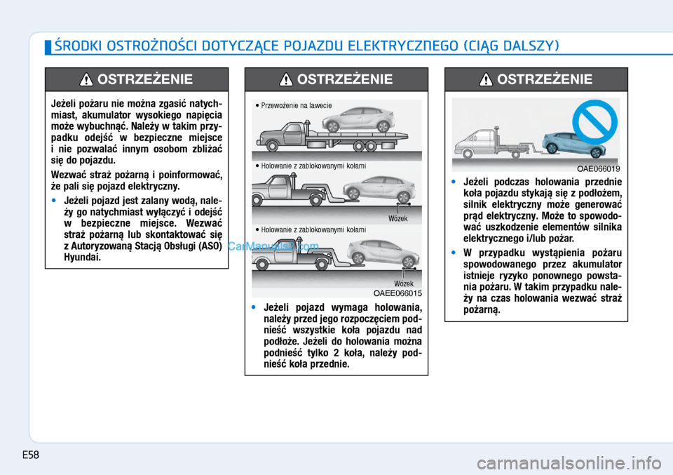 Hyundai Ioniq Electric 2017  Instrukcja Obsługi (in Polish) �RODKI OSTRO�NO�CI DOTYCZ�CE POJAZDU ELEKTRYCZNEGO (CI�G DALSZY)
Je�eli  po�aru  nie  mo�na  z\fasi�  natych-
miast,  akumulator  wysokie\fo  napi�cia 
mo�e wybuchn\b�. Nale�y w�takim przy-
padku  ode