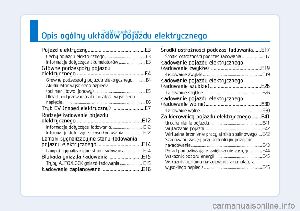 Hyundai Ioniq Electric 2017  Instrukcja Obsługi (in Polish) Opis ogólny uk�adów pojazdu elektrycznego
Pojazd elektryczny ..........................................E3
Cechy pojazdu elektrycznego ....................................... E3
Informacje dotycz�ce 