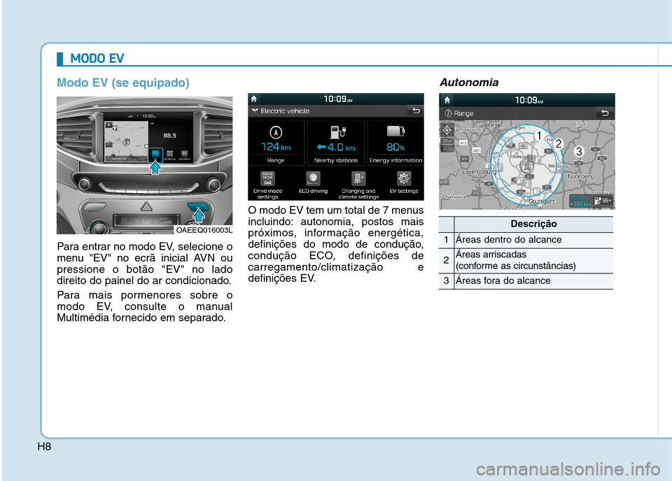 Hyundai Ioniq Electric 2017  Manual do proprietário (in Portuguese) H8
Modo EV (se equipado)
Para entrar no modo EV, selecione o 
menu "EV" no ecrã inicial AVN oupressione o botão "EV" no lado
direito do painel do ar condicionado. 
Para mais pormenores sobre o 
modo