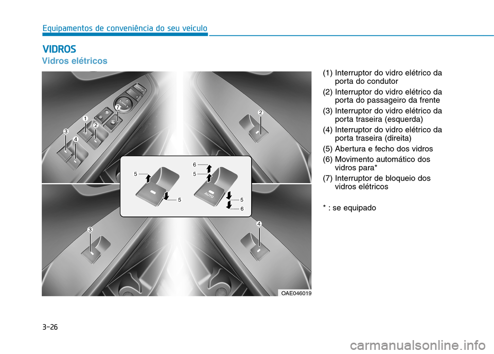 Hyundai Ioniq Electric 2017 Manual do proprietário (in Portuguese) 3-26
Equipamentos de conveniência do seu veículo
Vidros elétricos
(1) Interruptor do vidro elétrico daporta do condutor
(2) Interruptor do vidro elétrico da porta do passageiro da frente
(3) Inte Hyundai Ioniq Electric 2017 Manual do proprietário (in Portuguese) 3-26
Equipamentos de conveniência do seu veículo
Vidros elétricos
(1) Interruptor do vidro elétrico daporta do condutor
(2) Interruptor do vidro elétrico da porta do passageiro da frente
(3) Inte