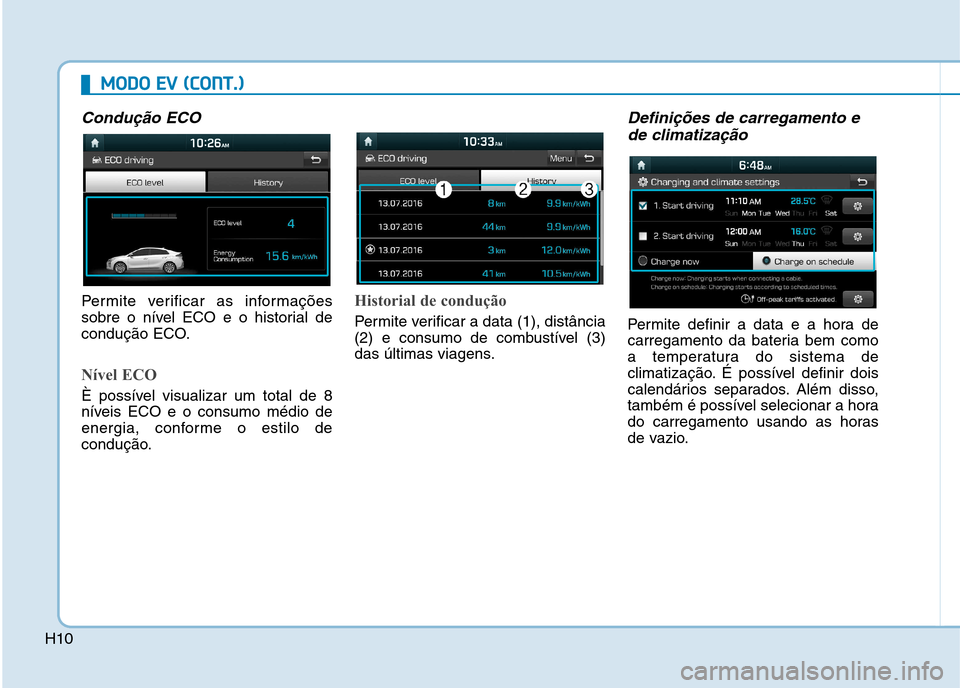 Hyundai Ioniq Electric 2017  Manual do proprietário (in Portuguese) H10
Condução ECO
Permite verificar as informações 
sobre o nível ECO e o historial de
condução ECO.
Nível ECO
È possível visualizar um total de 8 
níveis ECO e o consumo médio de
energia, 