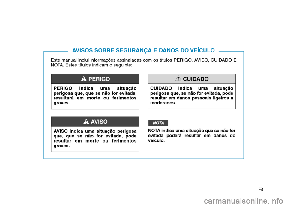 Hyundai Ioniq Electric 2017  Manual do proprietário (in Portuguese) F3
Este manual inclui informações assinaladas com os títulos PERIGO, AVISO, CUIDADO E 
NOTA. Estes títulos indicam o seguinte:
AVISOS SOBRE SEGURANÇA E DANOS DO VEÍCULO
PERIGO indica uma situaç