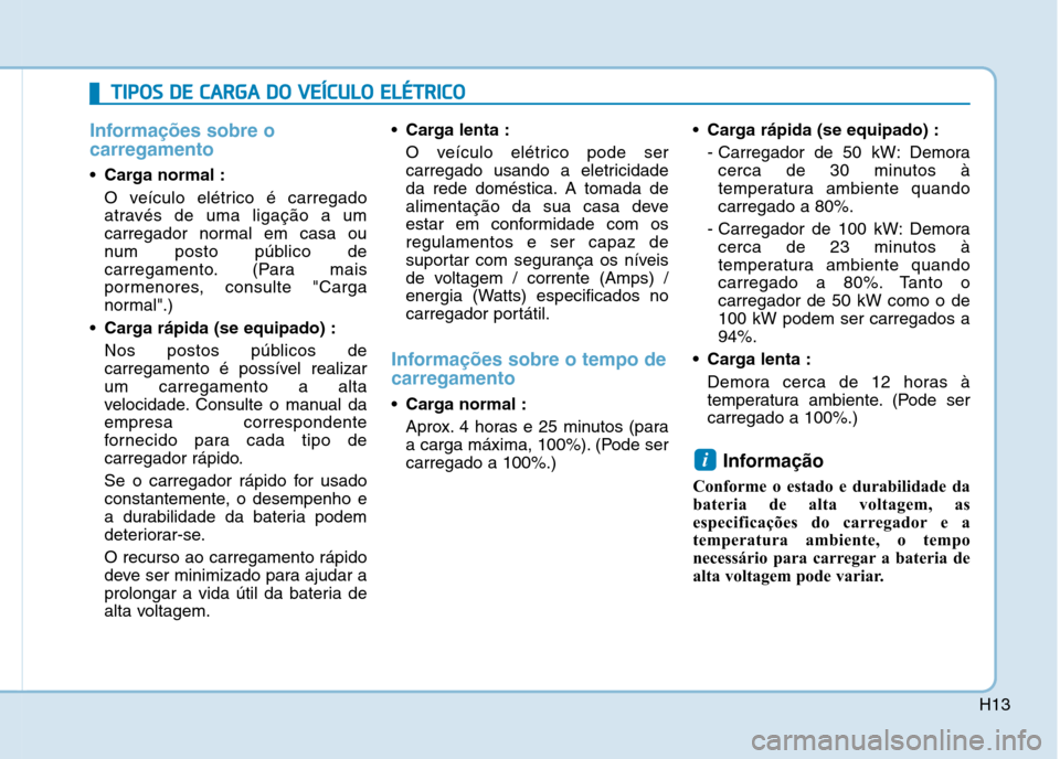 Hyundai Ioniq Electric 2017 Manual do proprietário (in Portuguese) H13
Informações sobre o carregamento
Carga normal :
O veículo elétrico é carregado
através de uma ligação a um
carregador normal em casa ou
num posto público de
carregamento. (Para mais
por Hyundai Ioniq Electric 2017 Manual do proprietário (in Portuguese) H13
Informações sobre o carregamento
Carga normal :
O veículo elétrico é carregado
através de uma ligação a um
carregador normal em casa ou
num posto público de
carregamento. (Para mais
por