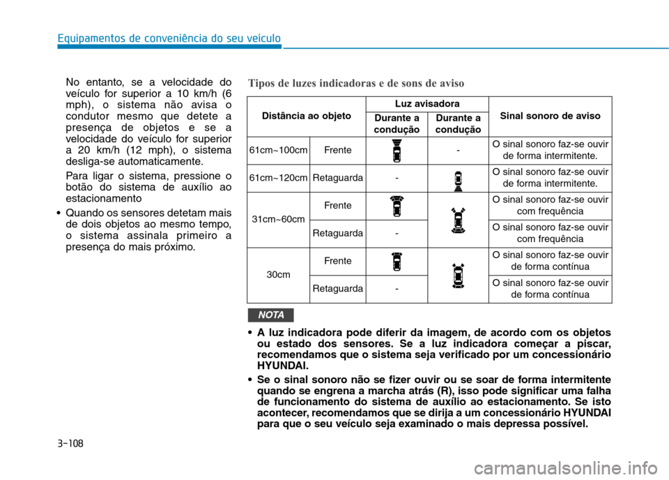 Hyundai Ioniq Electric 2017  Manual do proprietário (in Portuguese) 3-108
Equipamentos de conveniência do seu veículo
No entanto, se a velocidade do 
veículo for superior a 10 km/h (6
mph), o sistema não avisa ocondutor mesmo que detete apresença de objetos e se 