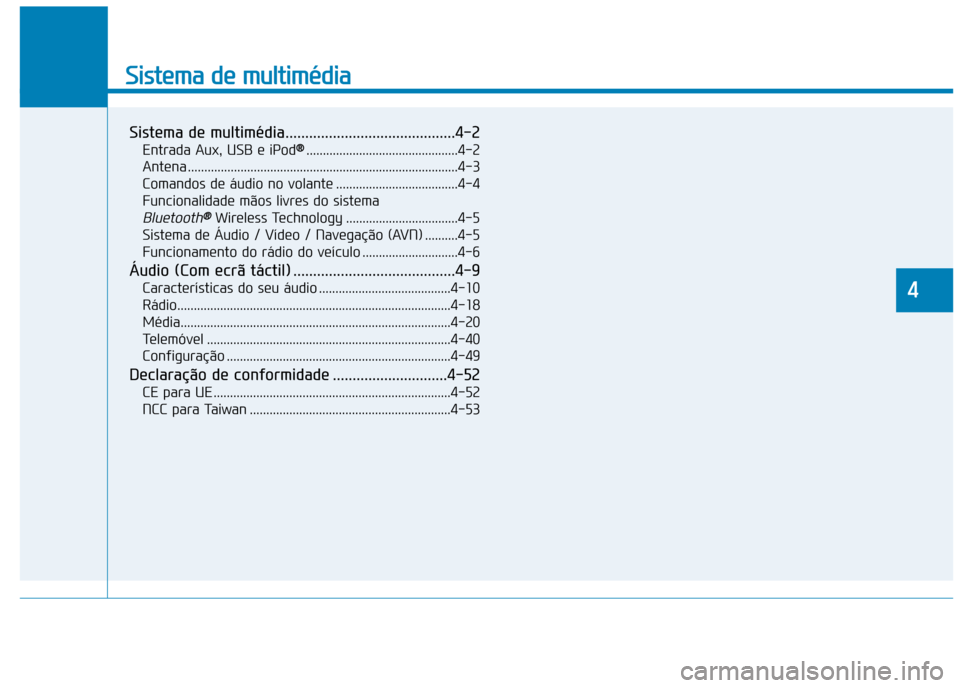 Hyundai Ioniq Electric 2017 Manual do proprietário (in Portuguese) Sistema de multimédia
Sistema de multimédia...........................................4-2Entrada Aux, USB e iPod ®®
..............................................4-2
Antena ....................... Hyundai Ioniq Electric 2017 Manual do proprietário (in Portuguese) Sistema de multimédia
Sistema de multimédia...........................................4-2Entrada Aux, USB e iPod ®®
..............................................4-2
Antena .......................