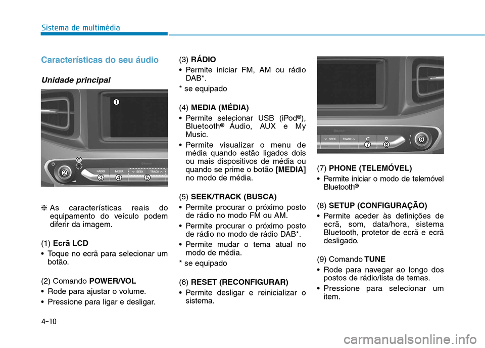 Hyundai Ioniq Electric 2017 Manual do proprietário (in Portuguese) 4-10
Sistema de multimédia
Características do seu áudio
Unidade principal
❈As características reais do
equipamento do veículo podem
diferir da imagem.
(1) Ecrã LCD
Toque no ecrã para sele Hyundai Ioniq Electric 2017 Manual do proprietário (in Portuguese) 4-10
Sistema de multimédia
Características do seu áudio
Unidade principal
❈As características reais do
equipamento do veículo podem
diferir da imagem.
(1) Ecrã LCD
Toque no ecrã para sele