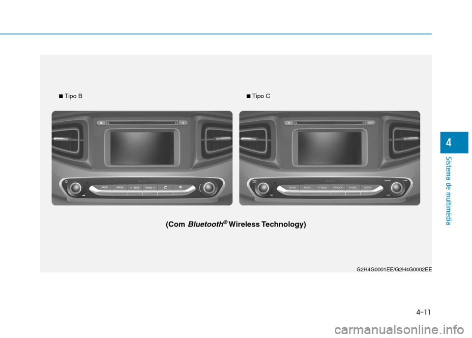 Hyundai Ioniq Electric 2017 Manual do proprietário (in Portuguese) 4-11
Sistema de multimédia
4
G2H4G0001EE/G2H4G0002EE
■
Tipo B
(Com
Bluetooth®Wireless Technology)
■ Tipo C Hyundai Ioniq Electric 2017 Manual do proprietário (in Portuguese) 4-11
Sistema de multimédia
4
G2H4G0001EE/G2H4G0002EE
■
Tipo B
(Com
Bluetooth®Wireless Technology)
■ Tipo C