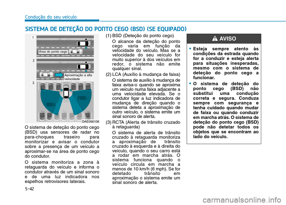 Hyundai Ioniq Electric 2017 Manual do proprietário (in Portuguese) 5-42
Condução do seu veículo
O sistema de deteção do ponto cego
(BSD) usa sensores de radar no
para-choques traseiro para
monitorizar e avisar o condutor
sobre a presença de um veículo a
aprox Hyundai Ioniq Electric 2017 Manual do proprietário (in Portuguese) 5-42
Condução do seu veículo
O sistema de deteção do ponto cego
(BSD) usa sensores de radar no
para-choques traseiro para
monitorizar e avisar o condutor
sobre a presença de um veículo a
aprox
