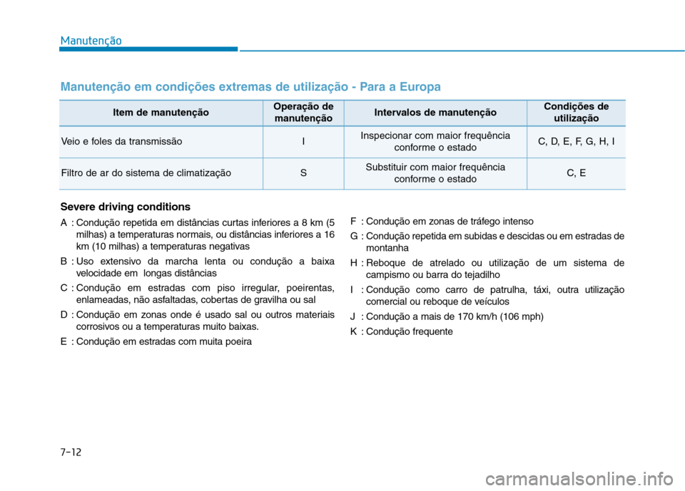 Hyundai Ioniq Electric 2017 Manual do proprietário (in Portuguese) 7-12
Manutenção
Severe driving conditions
A : Condução repetida em distâncias curtas inferiores a 8 km (5milhas) a temperaturas normais, ou distâncias inferiores a 16
km (10 milhas) a temperat Hyundai Ioniq Electric 2017 Manual do proprietário (in Portuguese) 7-12
Manutenção
Severe driving conditions
A : Condução repetida em distâncias curtas inferiores a 8 km (5milhas) a temperaturas normais, ou distâncias inferiores a 16
km (10 milhas) a temperat