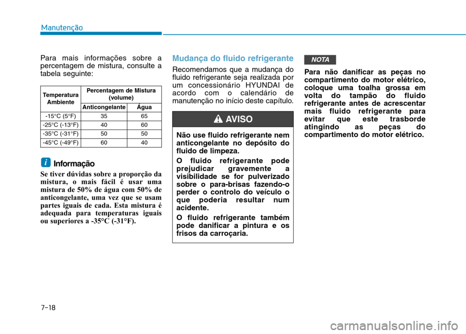 Hyundai Ioniq Electric 2017 Manual do proprietário (in Portuguese) 7-18
Manutenção
Para mais informações sobre a
percentagem de mistura, consulte atabela seguinte:Informação
Se tiver dúvidas sobre a proporção da
mistura, o mais fácil é usar uma
mistura de Hyundai Ioniq Electric 2017 Manual do proprietário (in Portuguese) 7-18
Manutenção
Para mais informações sobre a
percentagem de mistura, consulte atabela seguinte:Informação
Se tiver dúvidas sobre a proporção da
mistura, o mais fácil é usar uma
mistura de