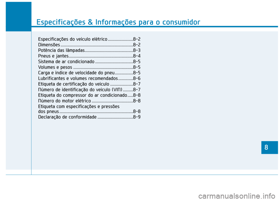 Hyundai Ioniq Electric 2017 Manual do proprietário (in Portuguese) 8
Especificações & Informações para o consumidor
8
Especificações & Informações para o consumidor
8
Especificações do veículo elétrico ......................8-2
Dimensões ............... Hyundai Ioniq Electric 2017 Manual do proprietário (in Portuguese) 8
Especificações & Informações para o consumidor
8
Especificações & Informações para o consumidor
8
Especificações do veículo elétrico ......................8-2
Dimensões ...............