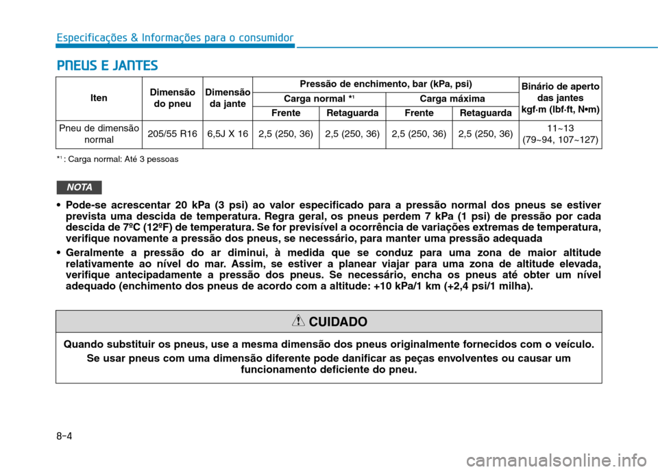 Hyundai Ioniq Electric 2017 Manual do proprietário (in Portuguese) 8-4
Especificações & Informações para o consumidorP
P NN EEUU SS EE JJ AA NN TTEESS
Iten Dimensão
do pneu Dimensão
da jante Pressão de enchimento, bar (kPa, psi)
Binário de aperto
das jante Hyundai Ioniq Electric 2017 Manual do proprietário (in Portuguese) 8-4
Especificações & Informações para o consumidorP
P NN EEUU SS EE JJ AA NN TTEESS
Iten Dimensão
do pneu Dimensão
da jante Pressão de enchimento, bar (kPa, psi)
Binário de aperto
das jante